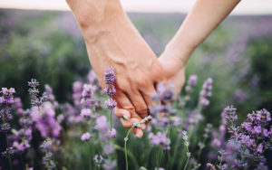 young couple holding hands in field